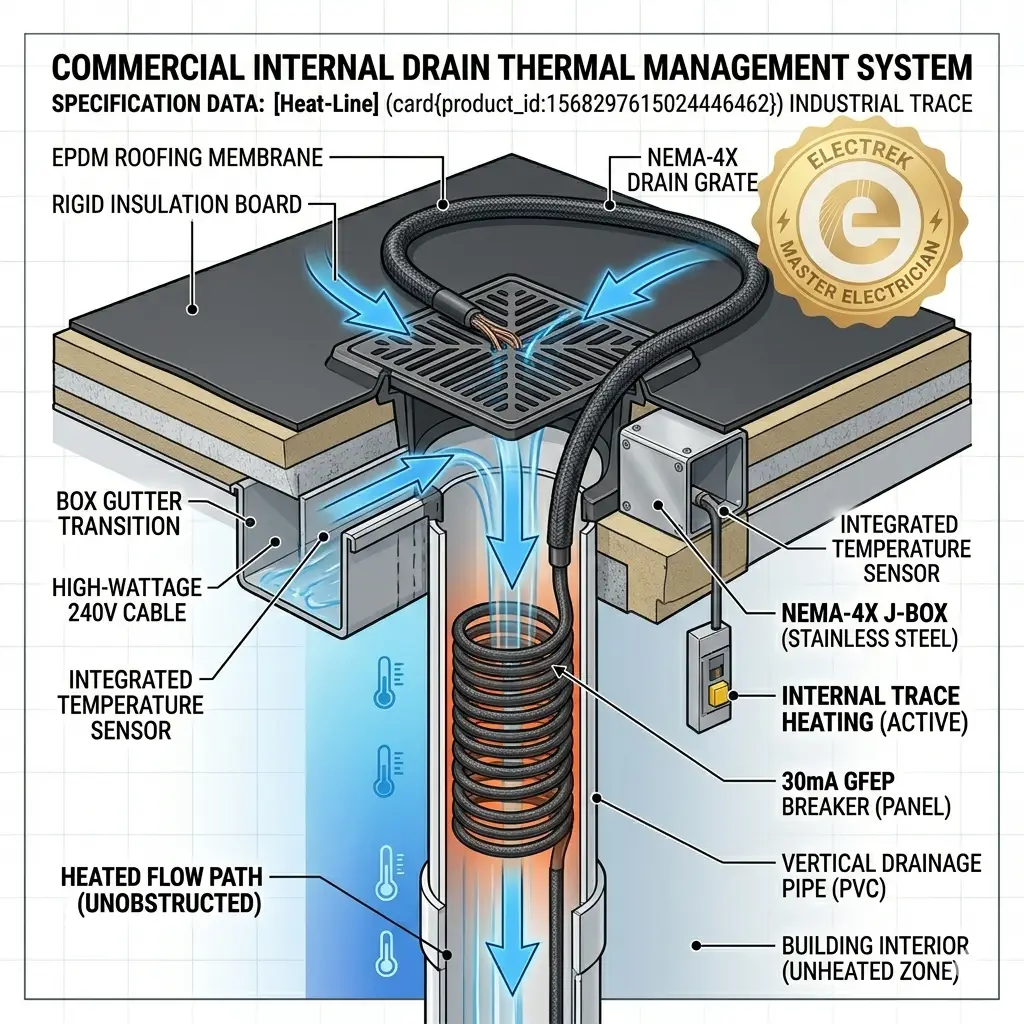 Voltage drop comparison for 120V and 240V roof de-icing systems on large roofs.