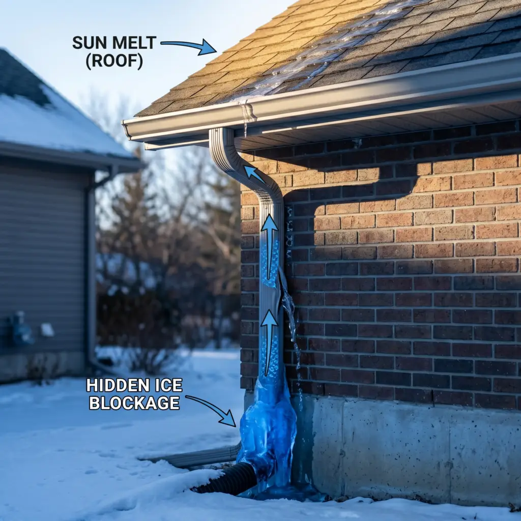 Severe ice blockage in Calgary home gutter and downspout.