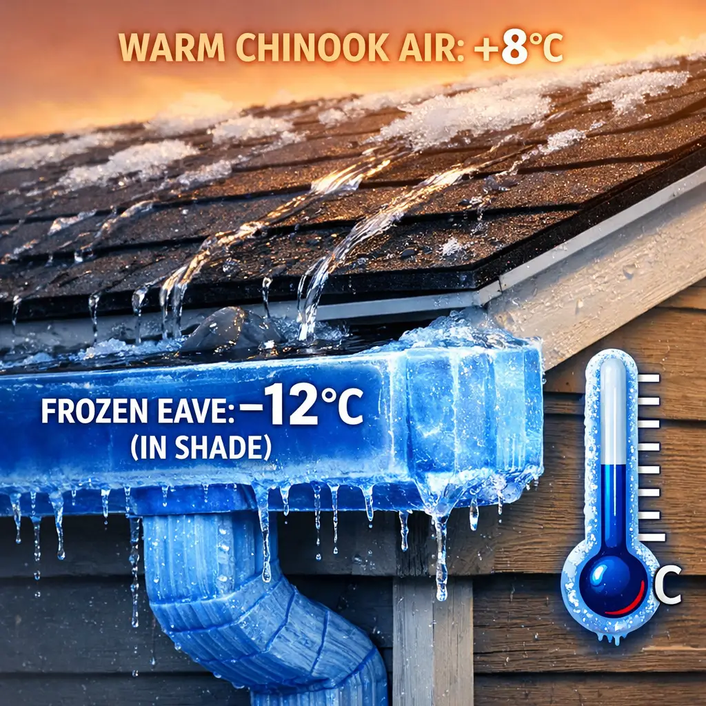 Warm Chinook air vs frozen eave temperatures in Calgary.