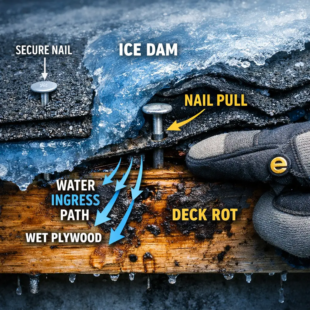 Diagram showing how ice dams cause water ingress, nail pulls, and deck rot.