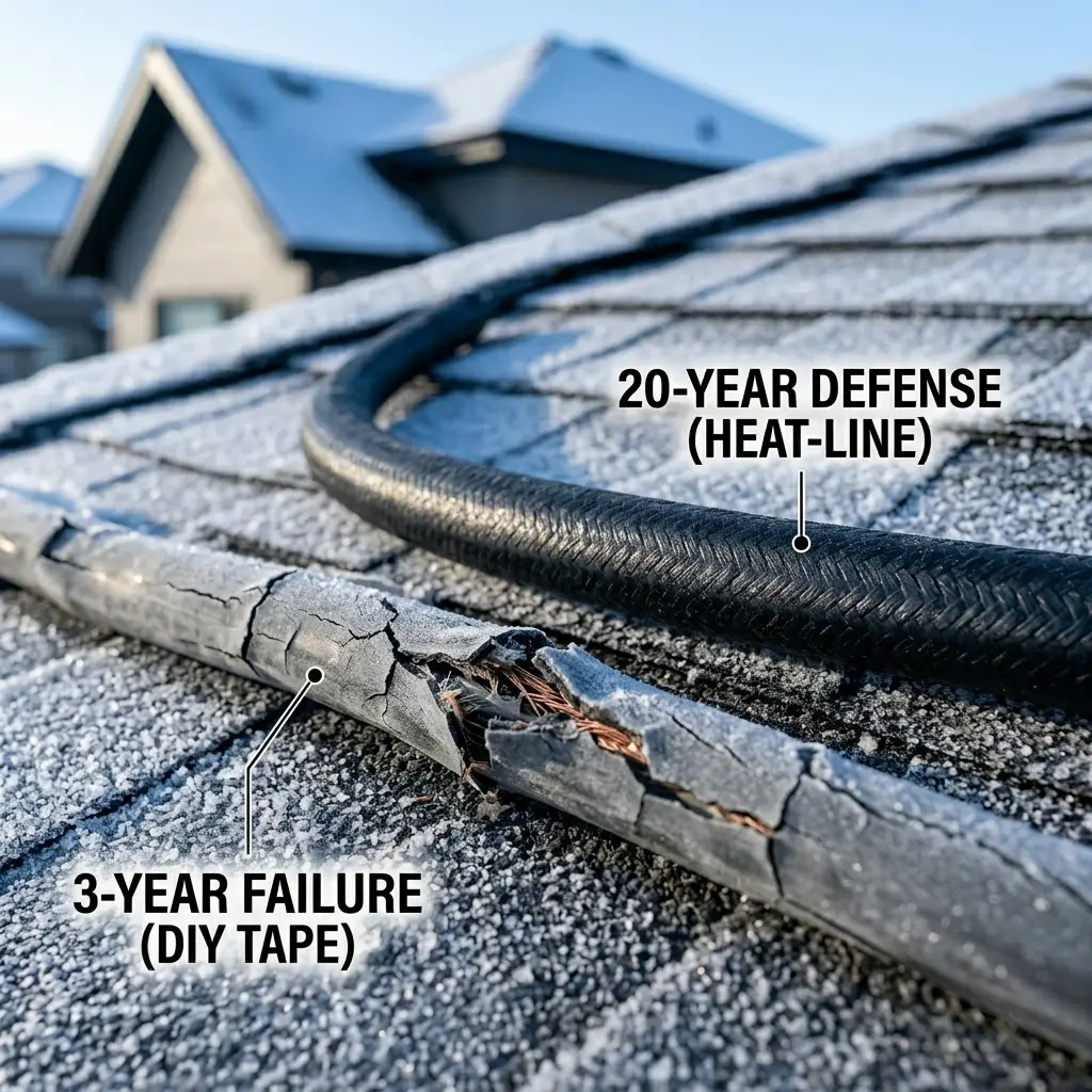 20 Year professional heat cable solution vs cheap damaged heat tape