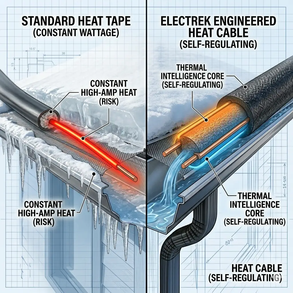Comparison of standard constant wattage heat tape vs self-regulating engineered heat cable.