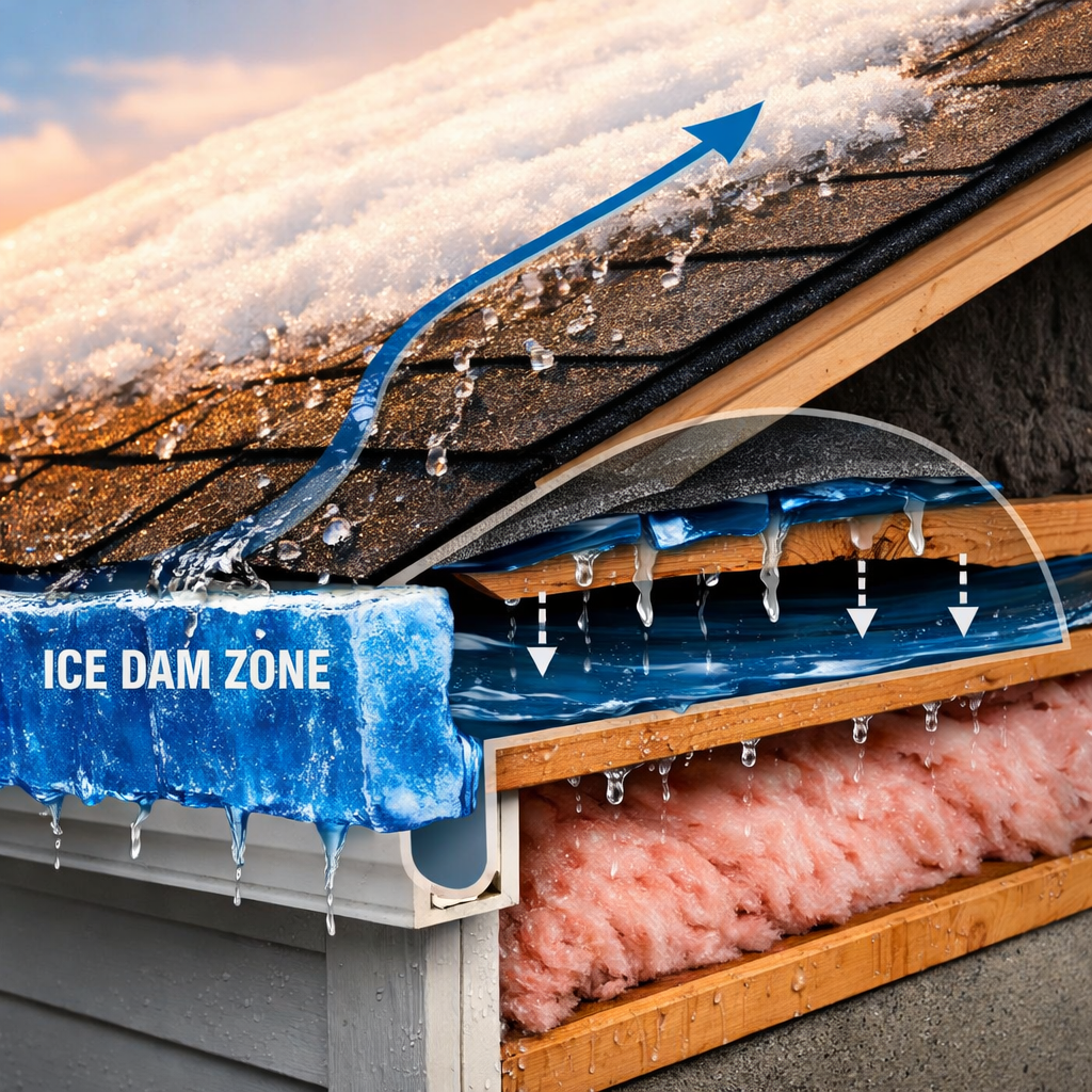 Diagram of Calgary Chinook freeze-thaw cycle causing ice dams on a residential roof