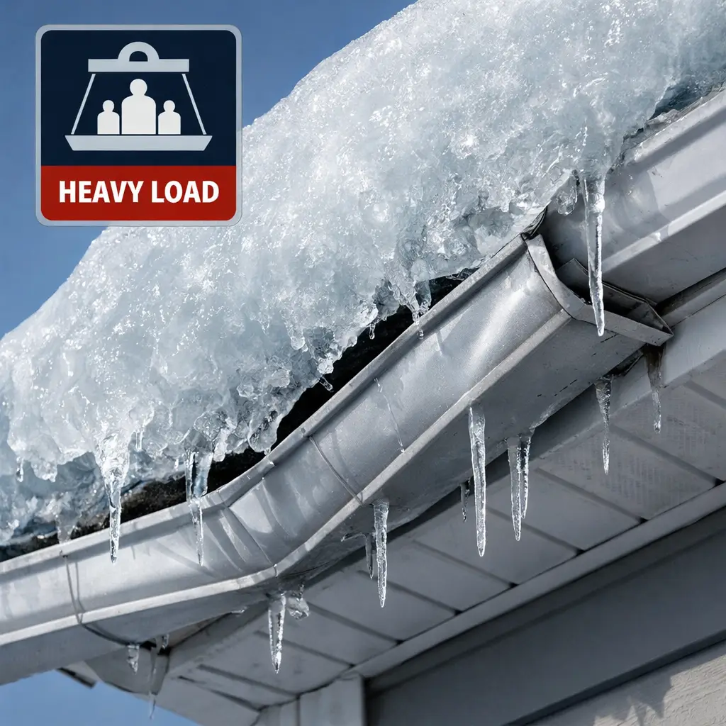 Heavy ice build up ice dams causing roof gutter problems
