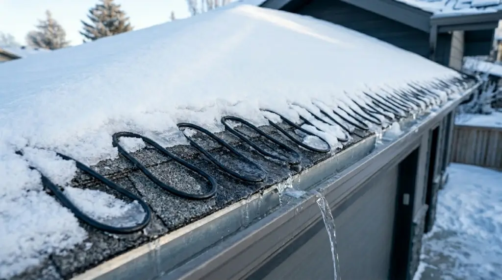 Professional serpentine roof edge heat cable installation on asphalt shingles.