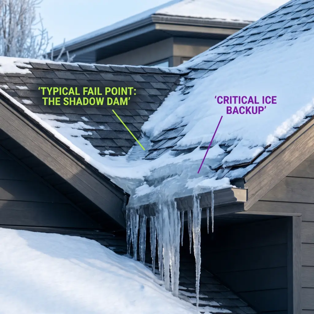 Shaded roof valley causing Shadow Dam ice build up
