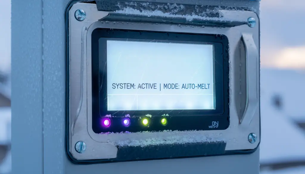 Automated roof de-icing control panel with moisture sensor indicators