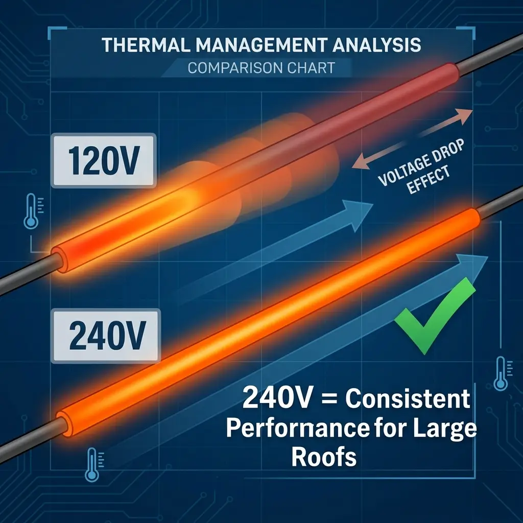 Voltage drop comparison for 120V and 240V roof de-icing systems on large roofs.