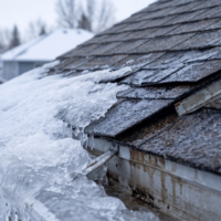 Ice dam buildup on Calgary residential asphalt shingle roof